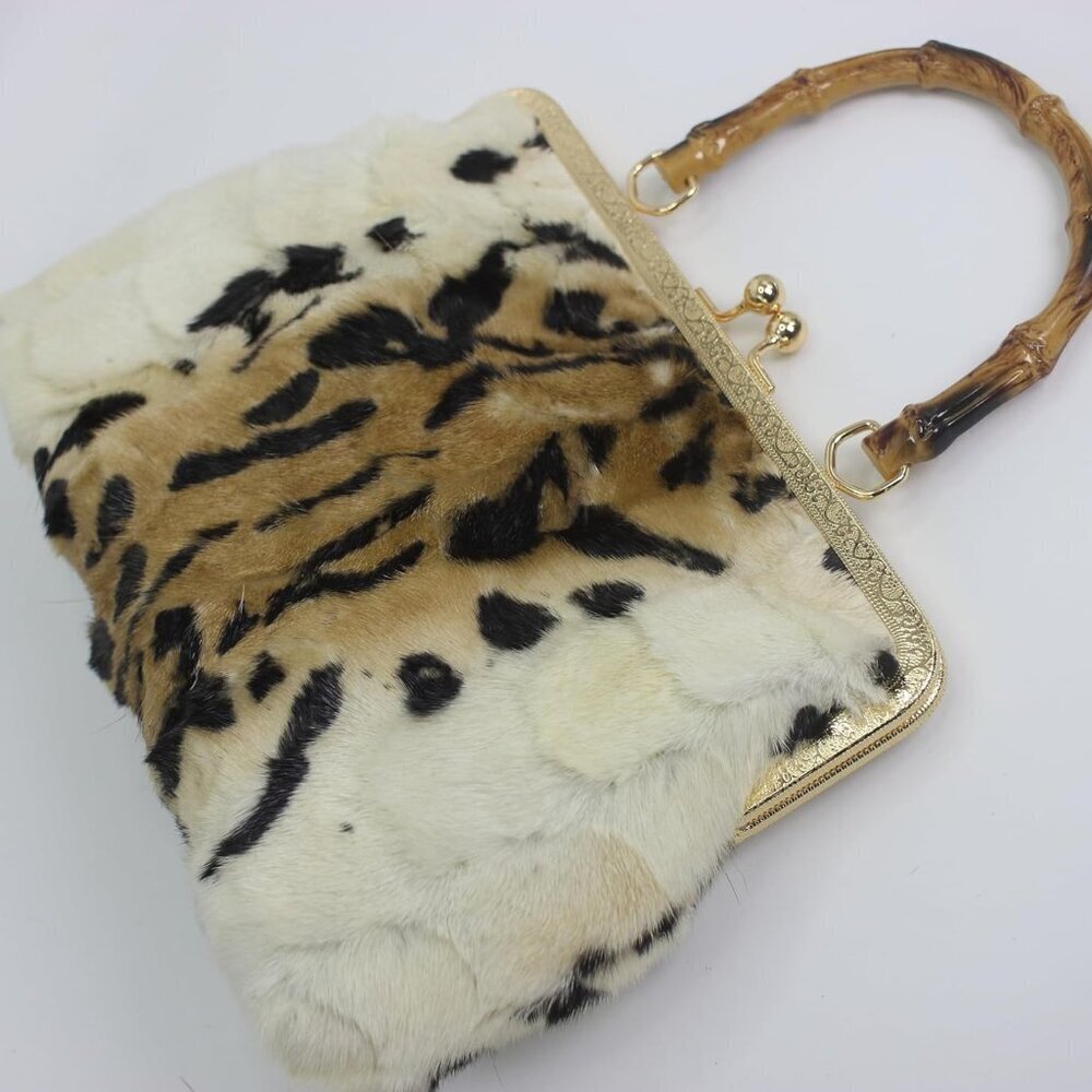 Women's Mink Fur Clutch Animal Print Mini Handbag with Kisslock Closure - Picture 3 of 9